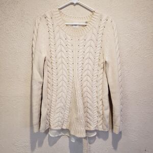 Women's CAbi #3157 Lace Up Cream Cable Knit Long Sleeve Sweater Size Med